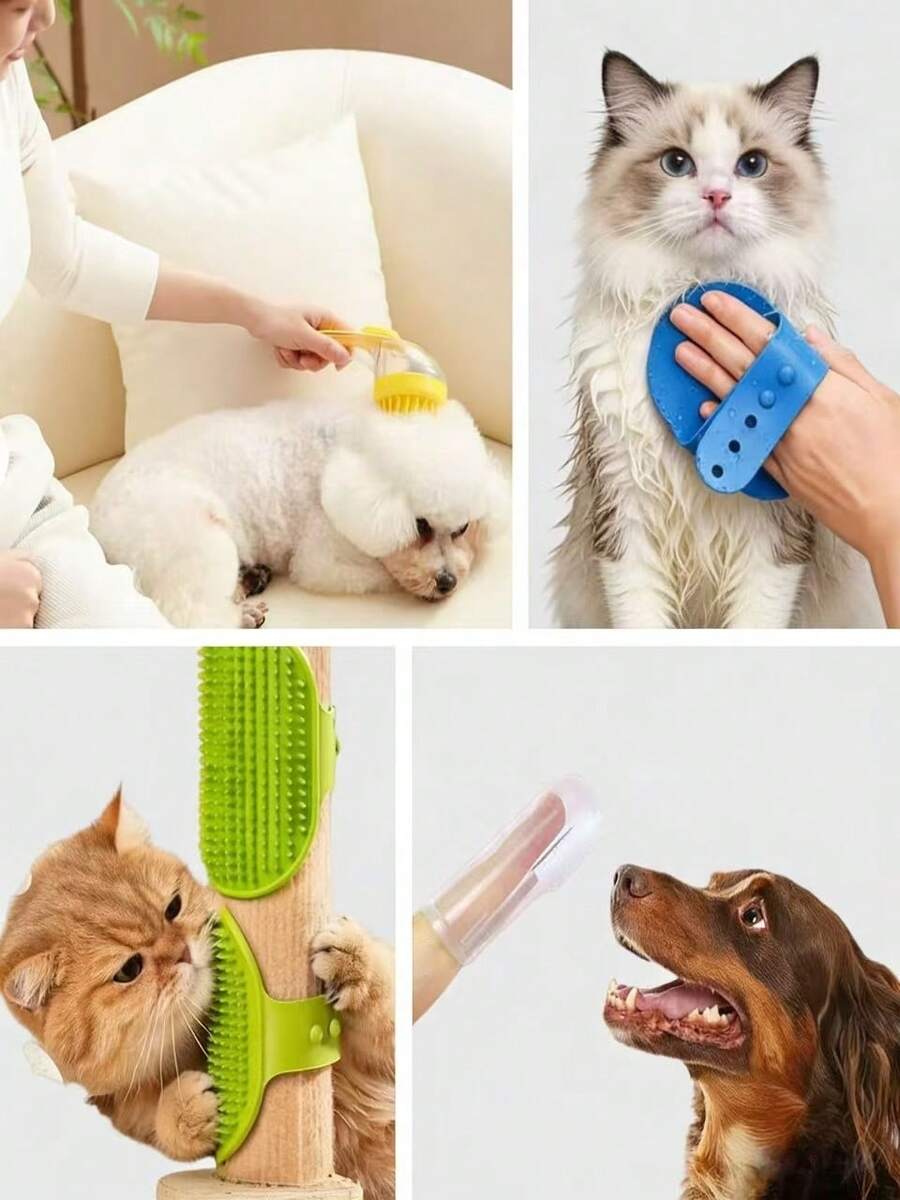 Bộ dụng cụ chải chuốt thú cưng, bao gồm bàn chải silicon mềm, bàn chải massage, bàn chải tắm, bàn chải thép, bàn chải loại bỏ lông rụng, dụng cụ chăm sóc cho chó và mèo để tắm, chải, massage, loại bỏ lông rụng.