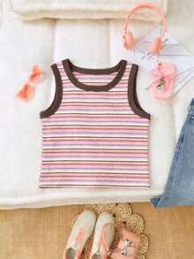 3件装女童条纹无袖上衣，夏季时尚百搭背心，适合户外活动/日常穿着，舒适，可机洗 - 玫紅色 - 查看 3