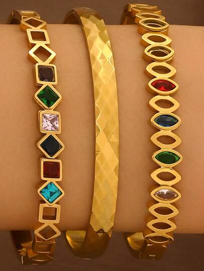 3pcs Stainless Steel Gold-Plated Bracelet Set, 18K Vacuum Electroplated, Non-Fading, Inlaid Zirconia, Suitable For Daily Wear, Fashionable & Elegant Women Bracelet Set, Jewelry, Gold Jewelry, Women Bracelet Accessories, Women Stainless Steel Jewelry, Women Bracelet, Western Style Jewelry
