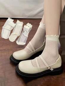 1/3 双装薄款心形、波点和条纹图案袜子，白色中筒袜，适合年轻女性，夏季 - 白色 - 查看 13