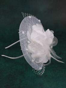 Floral Mesh Ribbon Decorated Headband And Hair Clips, Women's Tea Party And Event Headpiece,Summer,Beach,Wedding - White - View 2