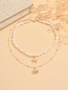 2pcs Summer Beach Vacation Style Natural Seashell & Gold Starfish Pendant Necklace, Handmade Metal Chain Versatile Seashell Jewelry Accessory Suitable For Daily Wear, Beach Travel, Handcrafted Chain Length Adjustable, Natural Seashell Shape And Pattern Randomly Varied - Multicolor - View 4