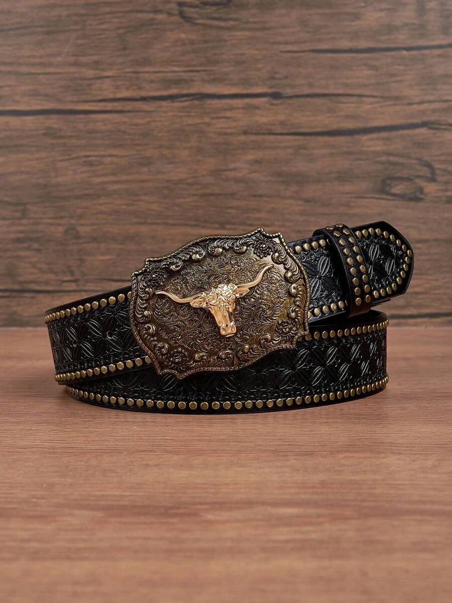 1pc Women's New Black Bull Street PU (Polyurethane) Waist Belt, Handmade Orange Embossed PU Outerwear Dress, Versatile Western Style Suitable For Daily Use - 棕色 - 查看 1