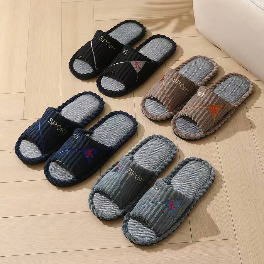 新款时尚条纹刺绣露趾拖鞋，舒适静音泡沫一脚蹬情侣拖鞋 - 男款拖鞋 - 查看 1