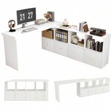 Corner Table With 360° Swivel Top, Can Be Positioned L-Shaped Or Straight, Made Of MDF (Medium Density Fiberboard), Reinforced 4 Cm Tabletop And Legs, With 4 Compartments And 4 Drawers, White, Adjustable, Can Be Used As A Desk Or Computer Desk - 查看 7