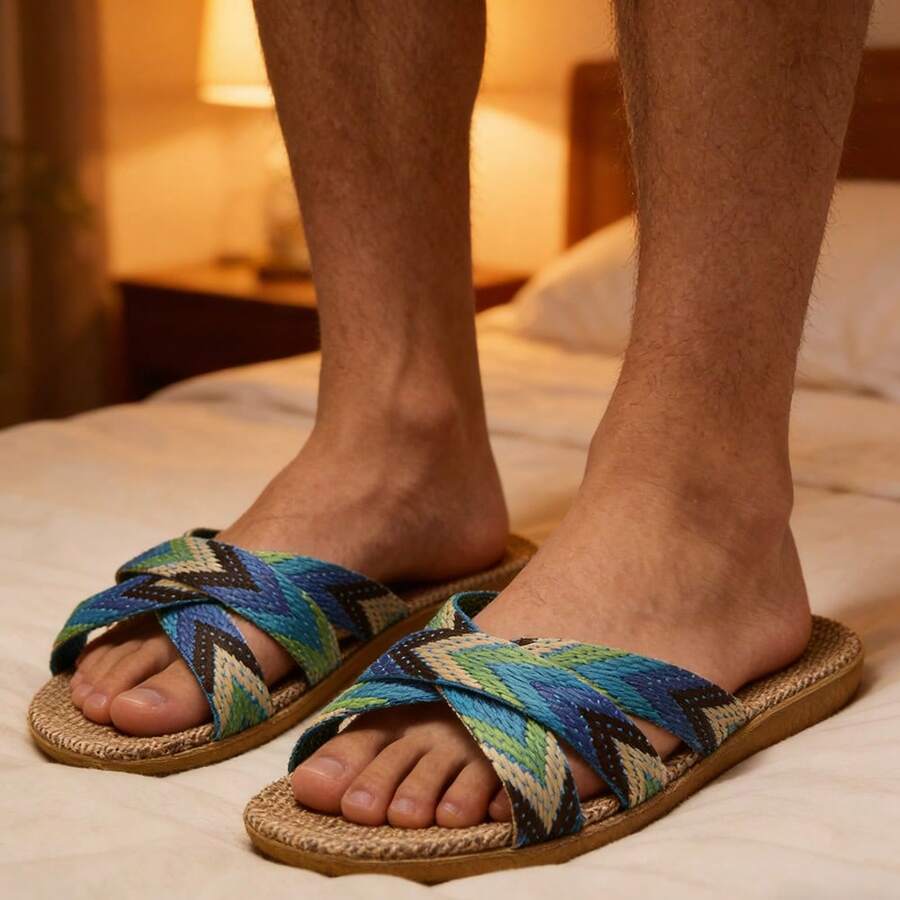 男士夏季亚麻拖鞋，室内轻便防滑时尚卧室凉鞋 - 藍色 - 查看 1
