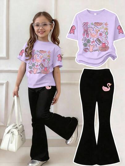 Tween Girl Cute Butterfly Print Round Neck Short Sleeve T-Shirt And Flare Pants Casual Comfortable Summer New Set