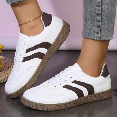 女士复古运动鞋 - 系带休闲鞋，撞色条纹设计，防滑橡胶鞋底，舒适日常步行鞋