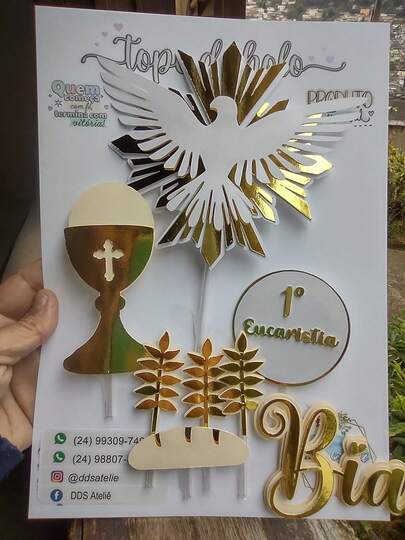 Topo de Bolo 1° Eucaristia 3D personalizado/Topo de Bolo 1° Comunhão 3D personalizado