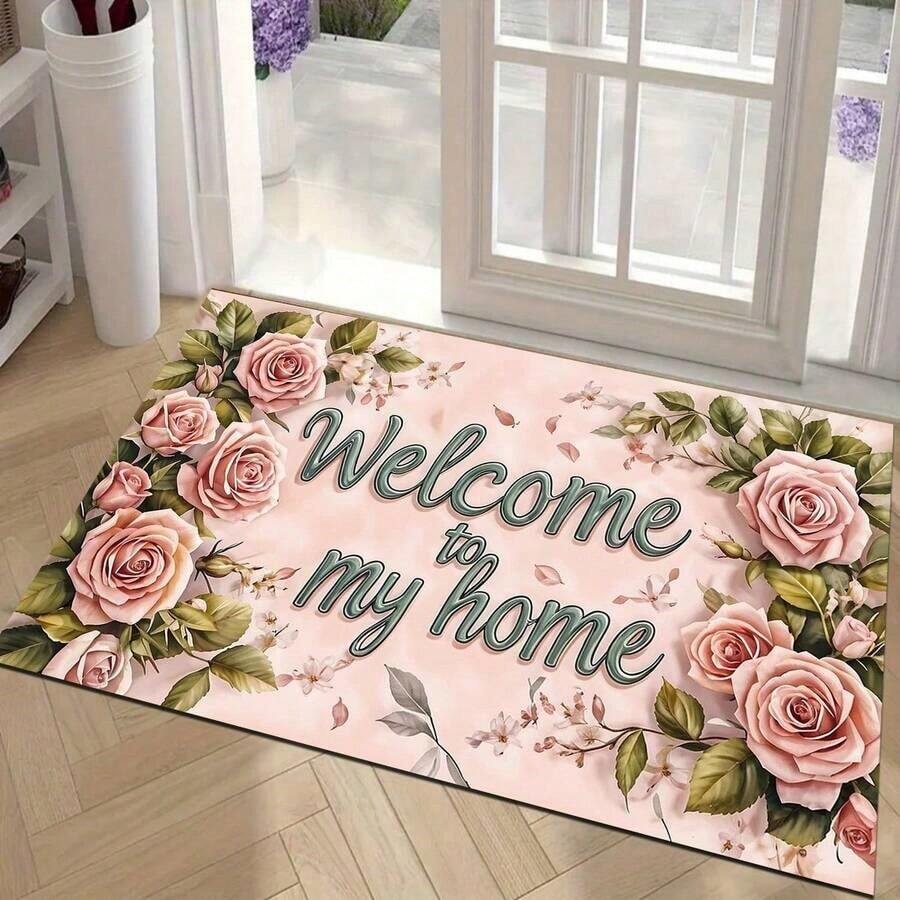 1pc Rose Flower "Welcome Home" Letter Print Carpet, Polyester Anti-Slip Dirt-Resistant Soft Mat, Indoor/Outdoor Entryway Doormat, Quick-Dry Kitchen Bathroom Floor Rug - Pink - View 1