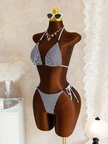 性感时尚的黑白条纹印花挂脖比基尼套装，适合海滩、游泳、度假，休闲、可爱、优雅、性感、波西米亚风格，夏季适用。 - 黑與白 - 查看 5