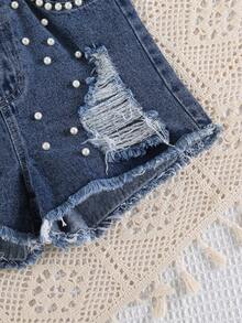 2pcs/Set Girls' Outdoor Casual Fashion Cute Comfortable Bow Design Vest And Vintage Distressed Pearl Decor Blue Denim Shorts, Summer - 彩色 - 查看 7