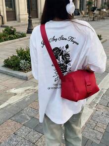 女款圓領寬鬆休閒字母&玫瑰花印花短袖T恤，春/夏白色 - 白色 - 查看 4