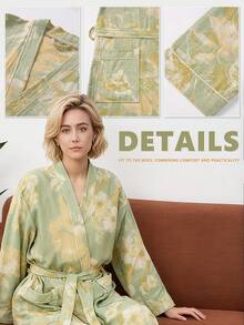Women Solid Color Soft Bathrobe With Belt & Pockets, Long Sleeve Comfortable Loungewear Sleepwear Casual Soft Home Wear  Belted    Embroidery    Long Sleeve    Long    Bathrobe   Sleepwear  Loungewear  Nightgown - 淡紫色 - 查看 4