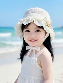 1顶幼儿女童米色蕾丝蝴蝶结遮阳帽，透气防紫外线公主风刺绣儿童帽 - 1PC - 查看 9