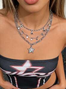 Bộ 3 dây chuyền mặt sao đính sequin bạc phong cách đường phố Y2K dành cho nữ. - Bạc - Xem 6