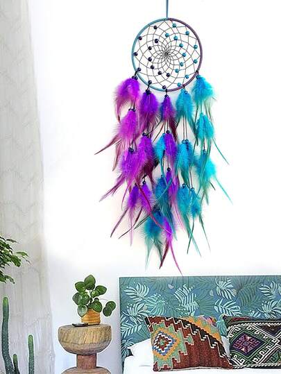 手工双色羽毛风铃捕梦网装饰，波西米亚风格家居装饰，适用于客厅卧室，节日派对礼物