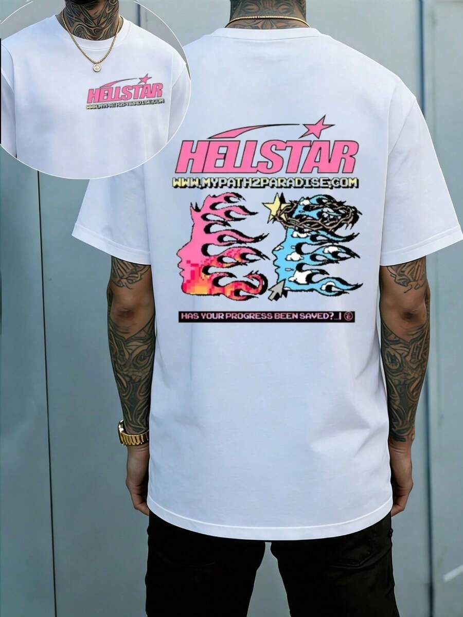 Hellstars Pixel Fire Hair My Path 2 Paradise Vintage T-Shirt Double Sided Printed (220g 100% Cotton T-Shirt),Summer Clothes, Men's Tops, Casual And Comfortable, Fashionable Graphic Tee, Unisex Style - White - View 1
