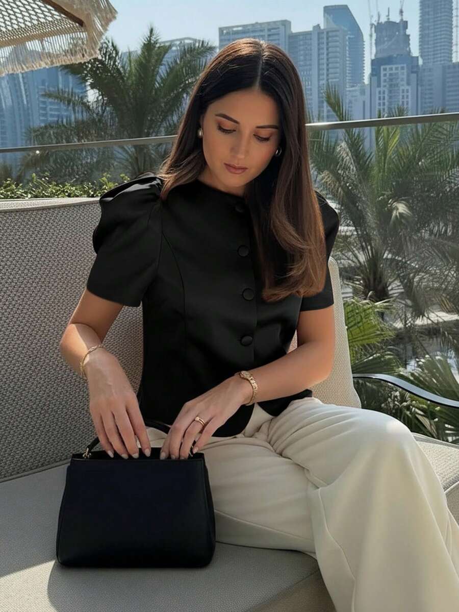 Áo kiểu nữ màu nâu cổ tròn, tay phồng, cài cúc phía trước, áo blazer tay ngắn thời trang, màu đen mùa hè. - màu đen - Xem 1