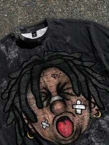 Manfinity Roghcode Men's Oversized Distressed Funny Diamond Teeth Tattoo Big Face Allover Print Cropped Loose T-Shirt (High Quality) - 黑色 - 查看 2