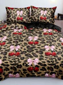 3pcs Leopard Print Cherry Blossom Duvet Cover Set (1 Duvet Cover + 2 Pillow Shams, Without Comforter And Pillows), Bow Print Bedding Set, Girly Bow Print Bedding, Soft & Skin-Friendly - Multicolor - View 1