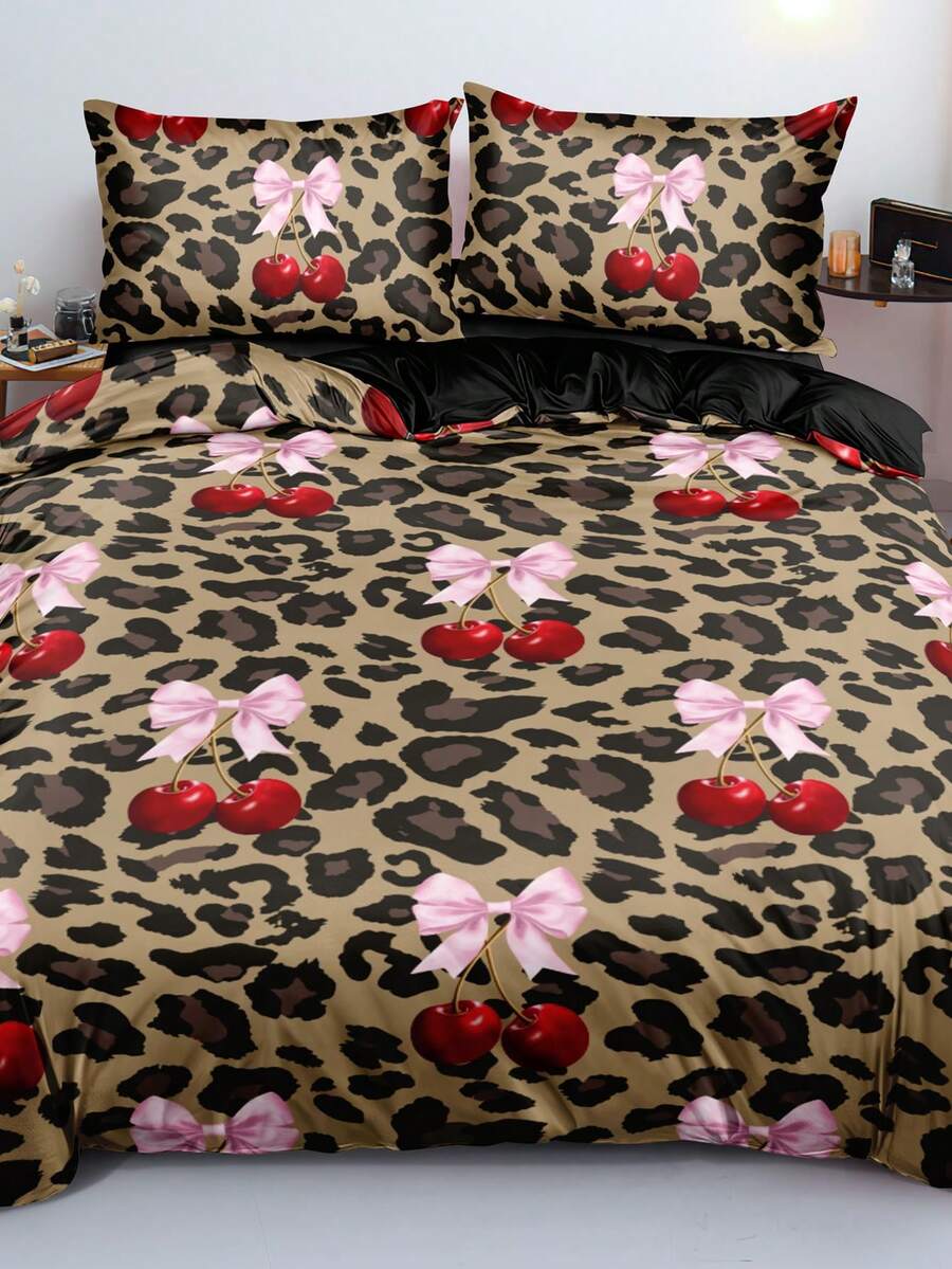3pcs Leopard Print Cherry Blossom Duvet Cover Set (1 Duvet Cover + 2 Pillow Shams, Without Comforter And Pillows), Bow Print Bedding Set, Girly Bow Print Bedding, Soft & Skin-Friendly - Multicolor - View 1