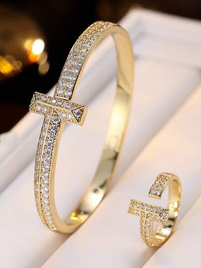 2pcs Set Luxury Minimalist Cubic Zirconia Inlaid Bracelet And Ring Set, Suitable For Women's Daily Wear And Gift