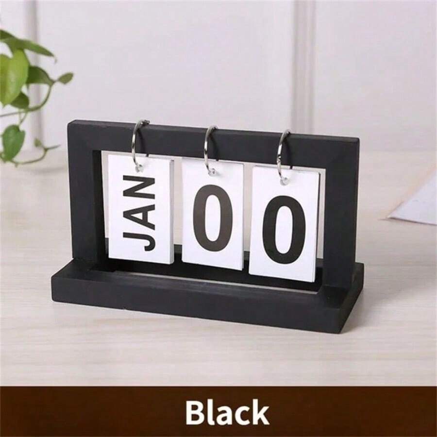 Wooden Perpetual Calendar Flip Month Date Display Desktop Schedule Daily Planner Office Home Decor Photo Props - black - View 1