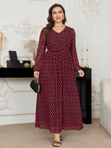 大码几何印花长袖连衣裙，优雅 - 酒紅色 - 查看 4