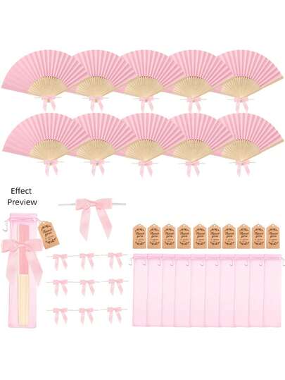 Her/His Gift Pink Wooden Folding Fan Set With Thank You Tag - Ideal For Weddings, Bridal Showers, Birthdays, Home Decor, Fan Decorations, Romantic Party Favors, Wedding Gifts | Elegant Fan Design | Durable Fan