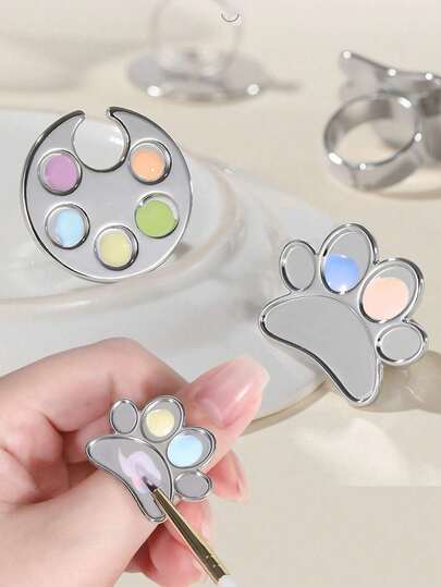 5pcs/Set Adjustable Ring Palette, Foundation Cream Color Mixing Tool, Alloy Finger Painting Pigment, Nail Art Color Mixing Palette