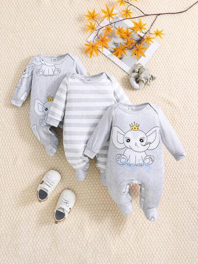 3pcs/Set Striped Cute Elephant Newborn Baby Romper Jumpsuit
