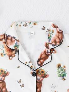2pcs/Set Girls' Casual Funny Highland Cow Print Polo Collar Short Sleeve Cardigan And Shorts Pajama Set, Flame Retardant, All Season - Apricot - View 5