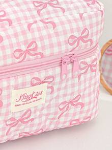 Bolsa de viaje multifuncional de gran capacidad con estampado de lazo y cuadros, bolsa de maquillaje rosa con lazo de guinga, bolsa de maquillaje rosa con lazo de guinga, organizador de cosméticos acolchado con asa, 3 tamaños para viaje y uso diario, bolsa de maquillaje rosa con lazo a cuadros, estética, bolsa de cosméticos acolchada, bolsa de aseo portátil de viaje para niñas - Rosa - Ver 10