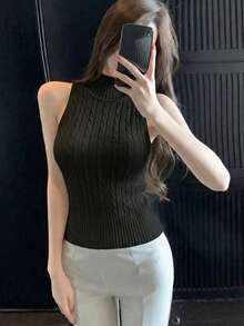 Áo tank top dệt kim màu trắng không tay dành cho nữ, kiểu dáng ôm sát thanh lịch kiểu Pháp màu đen. - màu đen - Xem 2