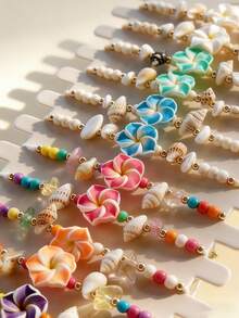 12pcs/Set Boho Style Tropical Jasmine Flower Shell Bead Bracelet Set, Suitable For Women. Colorful Hawaiian Jasmine Flower Decorated Adjustable Bracelet With Natural Shell And Acrylic Flowers, Summer Beach Holiday Accessory - Multicolor - View 5