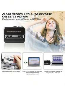 Máy nghe băng cassette cầm tay 1 chiếc, tích hợp loa, dùng nguồn USB và pin, kèm tai nghe, tương thích với máy tính xách tay/máy tính để bàn, chuyển đổi băng âm thanh kỹ thuật số sang MP3, lý tưởng cho giải trí, du lịch và thể thao. - Nhiều màu - Xem 8