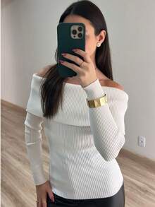 Off-The-Shoulder Ribbed Knit Blouse, Modal Knit, Winter, Knit, Evening, Vacation, Travel, Autumn/Winter. - 白色 - 查看 2