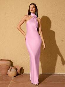 LOVE&LEMONADE Đầm maxi satin ôm dáng không tay cổ khăn choàng với thắt lưng dài thướt tha dành cho nữ, màu hồng nhạt. - Màu Hồng baby - View 6