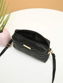 多功能高端相机包，休闲条纹刺绣单肩斜挎包，适合日常出行，拉链斜挎方包，女士手提包 - 黑色 - 查看 4