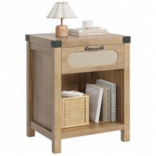 Mesita Recibidor de Ratán, Mesa Auxiliar Estilo Granja con Cajón y Estante Abierto, Diseño Boho Moderno para Dormitorio, Sala o Entrada, Mueble Organizador Práctico - Color de la madera - Ver 6