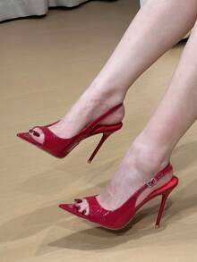 2026 Spring New Red Patent Leather Pointed Toe Stiletto High Heels, Low Vamp Rhinestone Buckle Backless Sexy Pumps For Women - Red - View 4