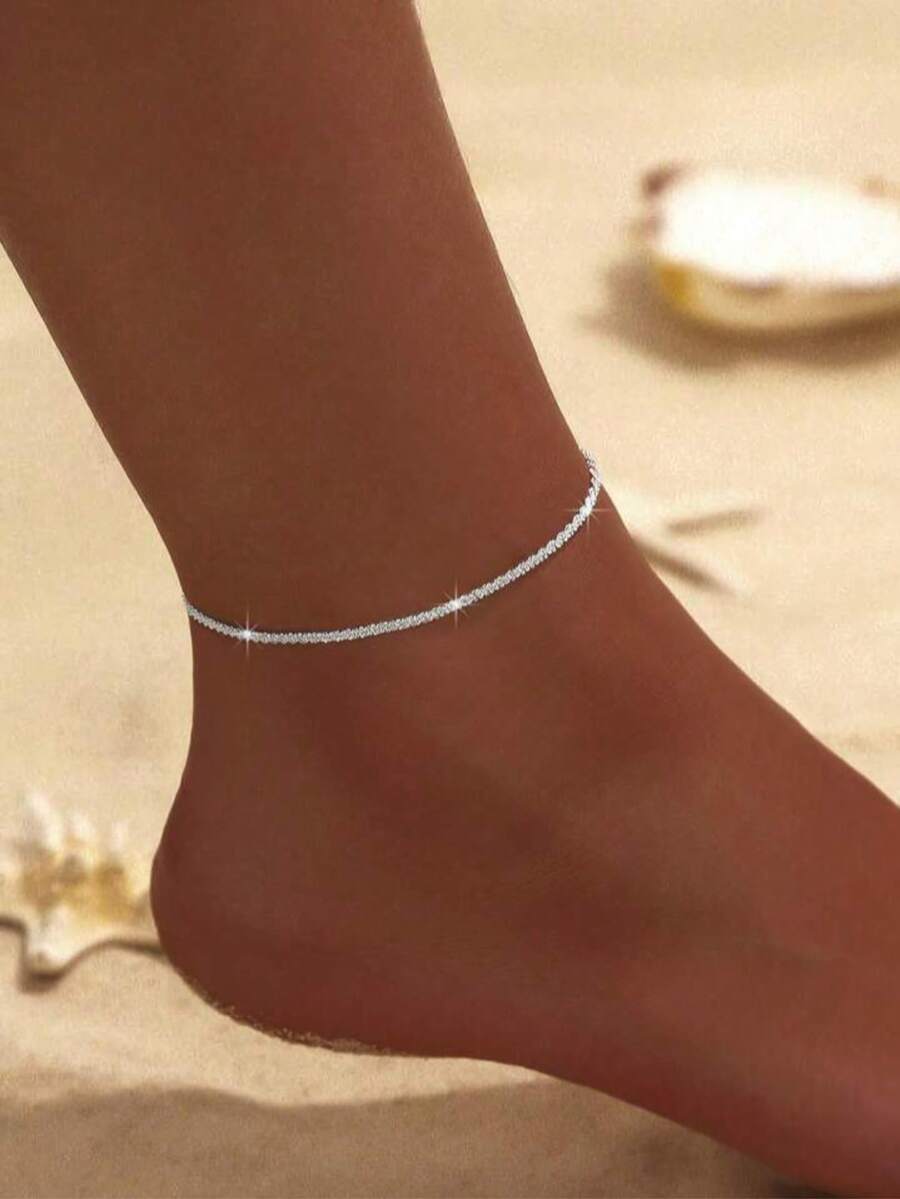 1pc Minimalist Elegant Versatile Shimmering Silver Chain Anklet, Suitable For Daily, Vacation, Party Wear - Silver - View 1