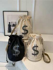 Spring/Summer New Black/Beige/Khaki Letter Print Casual Canvas Shoulder Bag, Crossbody Bag, High-Value Student Backpack, Drawstring Bucket Bag, Lightweight Portable, Adjustable Strap, Fits Books, Files, Stationery, Phone, Power Bank, Water Bottle, Office/Commute - Multicolor - View 9