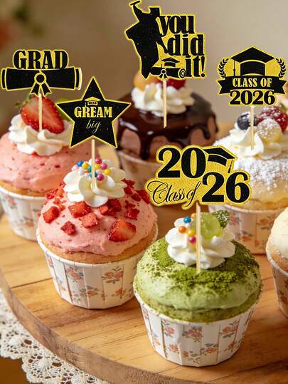 Bộ 9/27 phụ kiện trang trí bánh cupcake dành cho sinh viên tốt nghiệp năm 2026 - Thiết kế màu đen bóng và vàng với hình mũ và cuộn giấy, hoàn hảo cho các món tráng miệng trong tiệc tốt nghiệp, không bao gồm điện hoặc lông vũ.
