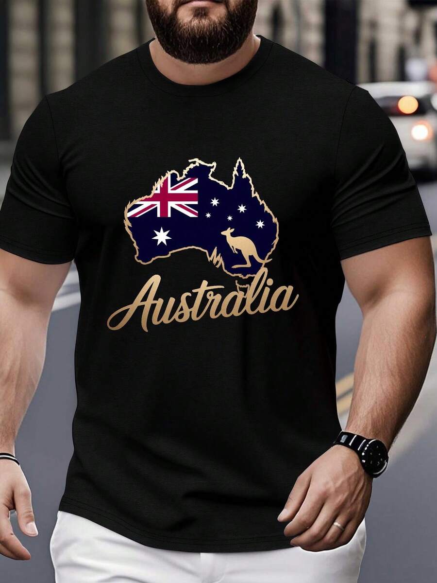 Men's Plus Size T-Shirt With A Golden Silhouette Illustration Of A Kangaroo From Australia - Black - View 1