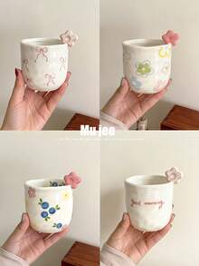 250毫升少女风花卉咖啡杯，可爱3D立体花朵陶瓷手柄杯，蝴蝶结茶杯，不对称陶瓷咖啡拿铁杯，不对称咖啡杯，早餐杯礼品 - 彩色 - 查看 1