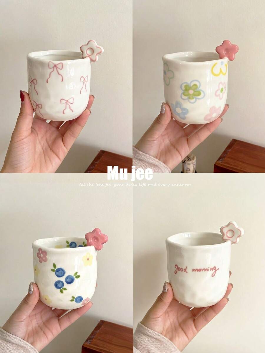 250毫升少女风花卉咖啡杯，可爱3D立体花朵陶瓷手柄杯，蝴蝶结茶杯，不对称陶瓷咖啡拿铁杯，不对称咖啡杯，早餐杯礼品 - 彩色 - 查看 1