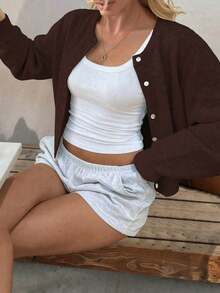 Spring Autumn Winter New Coffee Color Round Neck Single Breasted Knit Women's Top, Casual Y2K Style Cardigan, Suitable For Daily Commute Wear - Coffee Brown - View 5