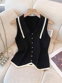 1 chiếc áo vest dệt kim không tay phối màu đen, trắng và nâu nhạt, kiểu dáng Pháp, ôm sát, cổ giả, thích hợp cho lễ hội và du lịch. - Nhiều màu - Xem 15